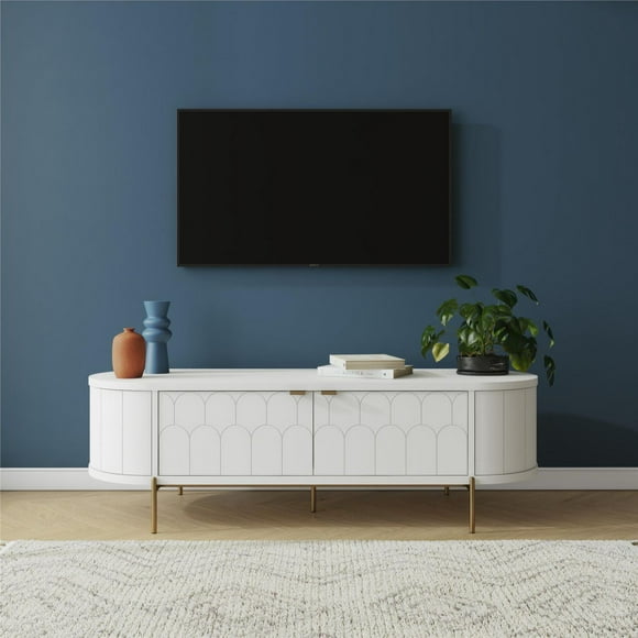 CosmoLiving by Cosmopolitan Anastasia Modern Scalloped Oval TV Stand for TVs up to 65", White and Brassy Gold
