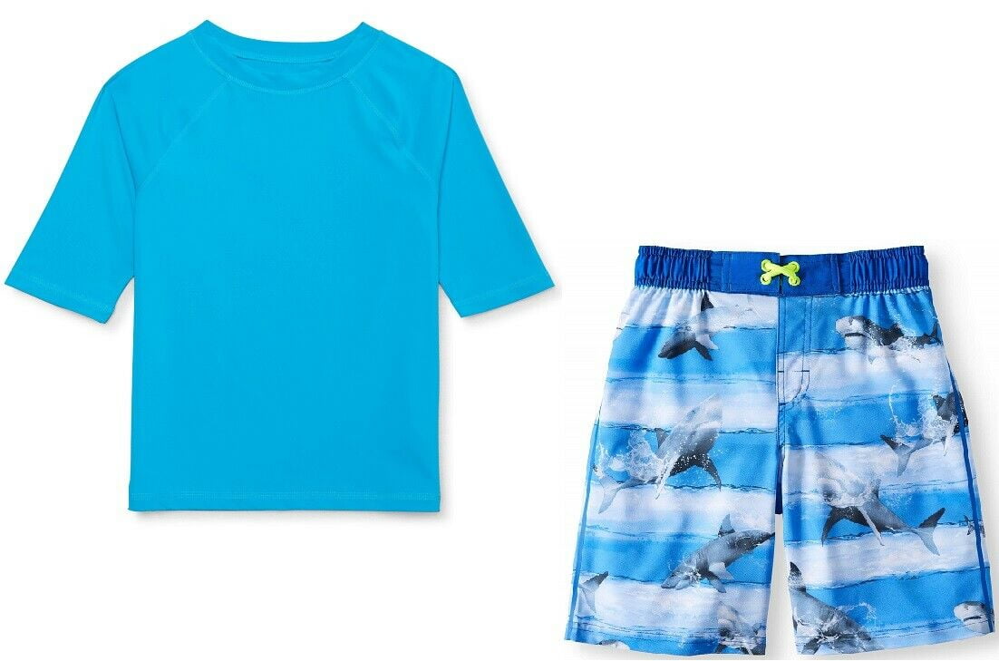 Boys 2 Piece Rash Guard Top and Swim Trunks Set UPF 50+