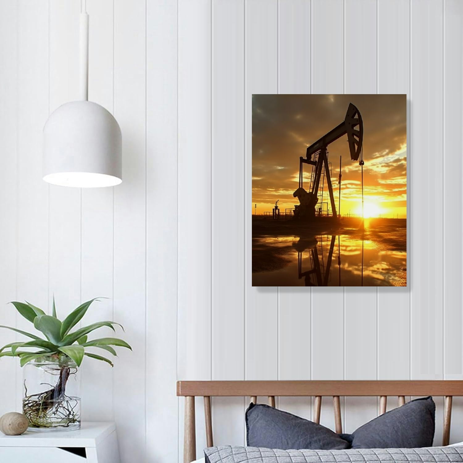 JEUXUS Oil Pump Wall Art Oil Rig Picture Wall Decor OilField Canvas Print Oil Field Poster Painting Framed Home Living Room Bedroom Decoration  Ready to Hang