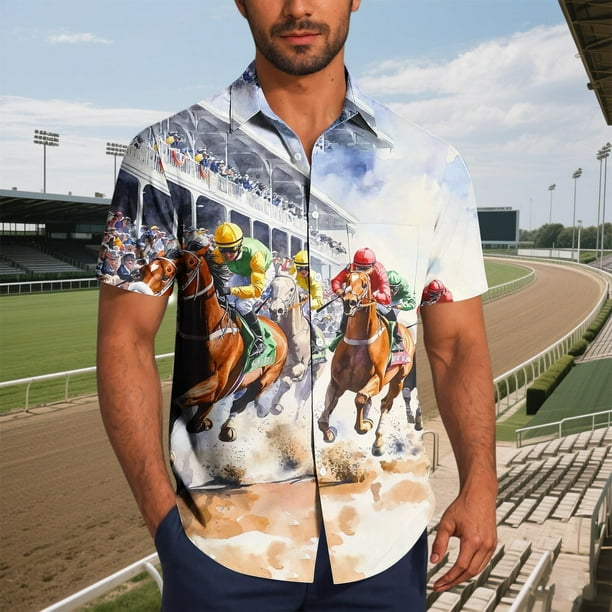 Blusa y camisa de manga corta con cuello vuelto para hombre, blusa informal de moda con cuello vuelto, blusa estampada de manga corta con botones, blusa de poliéster para hombre