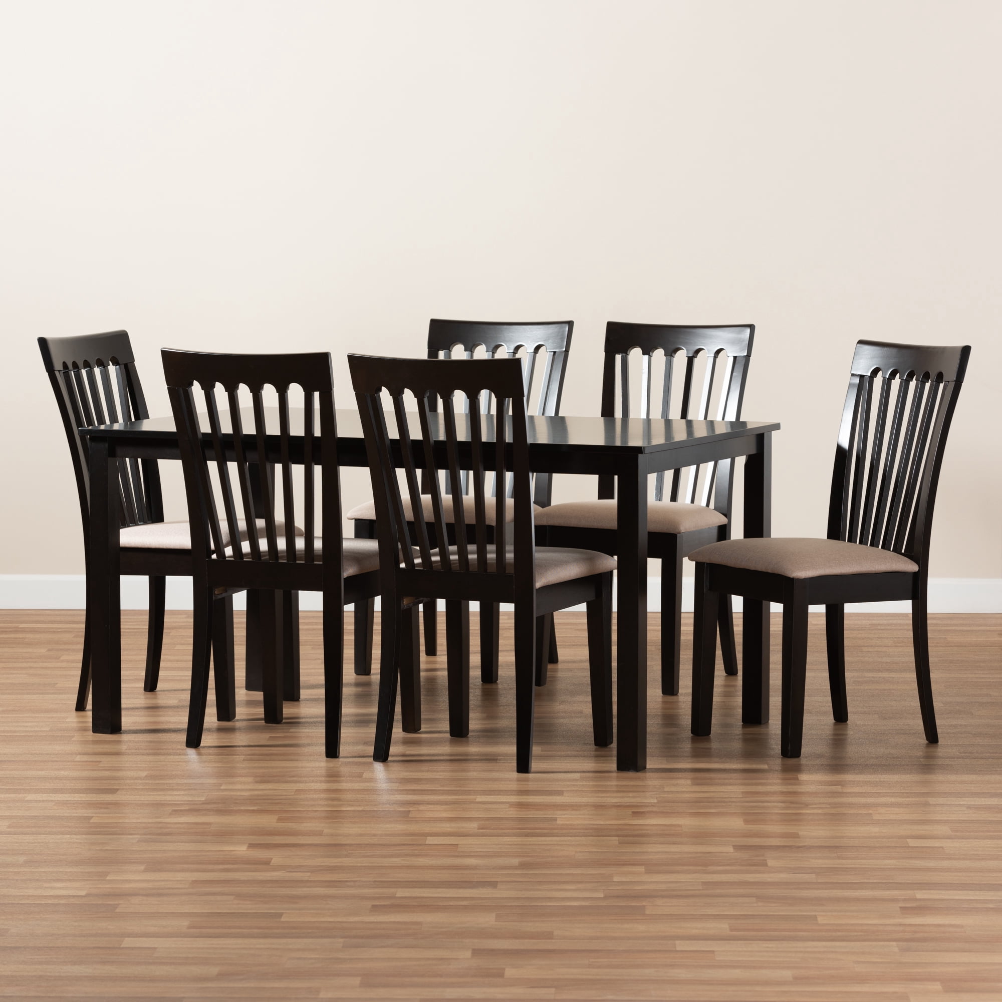 Baxton Studio Minette Modern and Contemporary Sand Fabric Upholstered Espresso Brown Finished Wood 7-Piece Dining Set