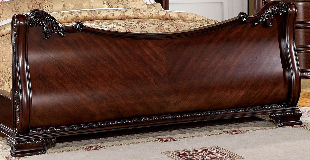 Formal Traditional Elegant Carved Sleigh Bed Brown Cherry Solid wood Queen Size Bed Bedroom Furniture 1pc Bed Intricate Carving - image 3 of 5