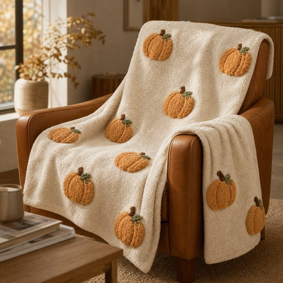 Fall Pumpkin Knit Blanket,Reversible Soft Throw for Couch Sofa Bed,Autumn Decor with Orange White Design,Lightweight Fleece with Cute Print,Machine Washable Cozy Throw for Thanksgiving