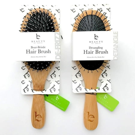 Boar Bristle Hair Brush & Detangling Hair Brush Set, Natural Wooden Bamboo Handle, For Styling, Straightening, Detangling Thick, Thin, Fine, Straight, Curly, Wavy, Long, Dry hair, Men & Women, 2