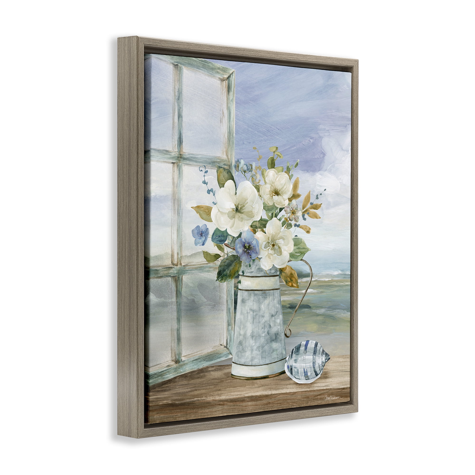 Stupell Industries Seaside Floral Bouquet Window Brown Framed Floater Canvas Wall Art, design by Carol Robinson