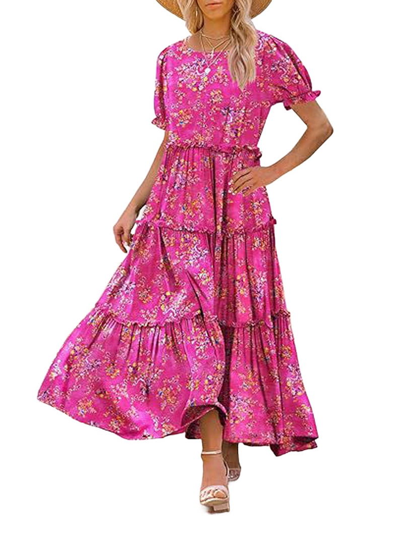 Summer Casual Bohemian Floral Dresses for Women Puff Short Sleeve Long Maxi Dress with Pockets Red S