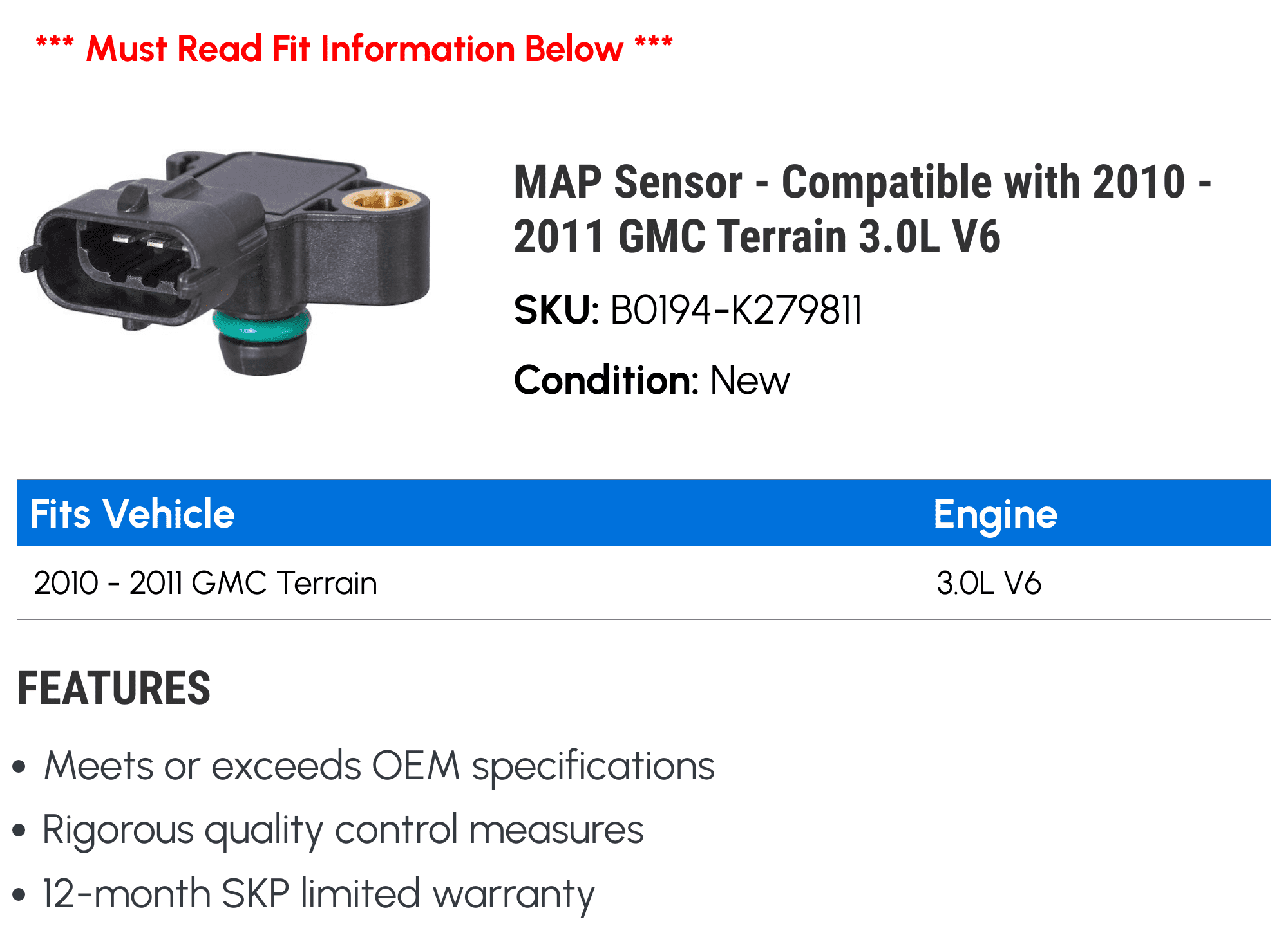 MAP Sensor - Compatible with 2010 - 2011 GMC Terrain 3.0L V6