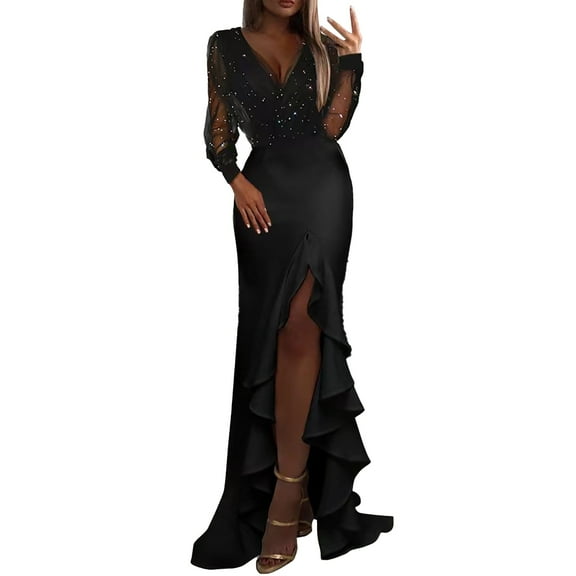 Prolriy Wedding Guest Dresses for Women Package Hip Mid Waist Black Mesh Sequin Maxi Dresses Party Dresses for Women 2024 Formal Dress Black L