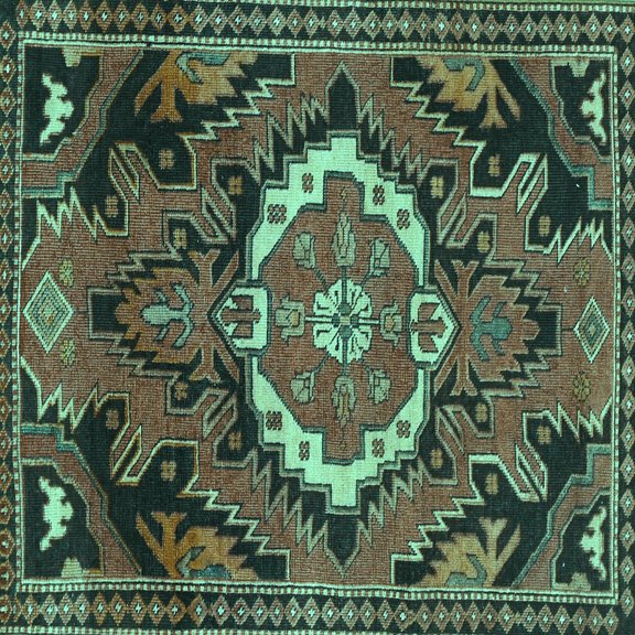 Ahgly Company Machine Washable Indoor Square Medallion Turquoise Blue Traditional Area Rugs, 6' Square