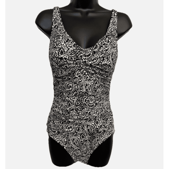 Lands End Woman's One Piece Swim Suit Scoop Neck Size XS Black & White Floral