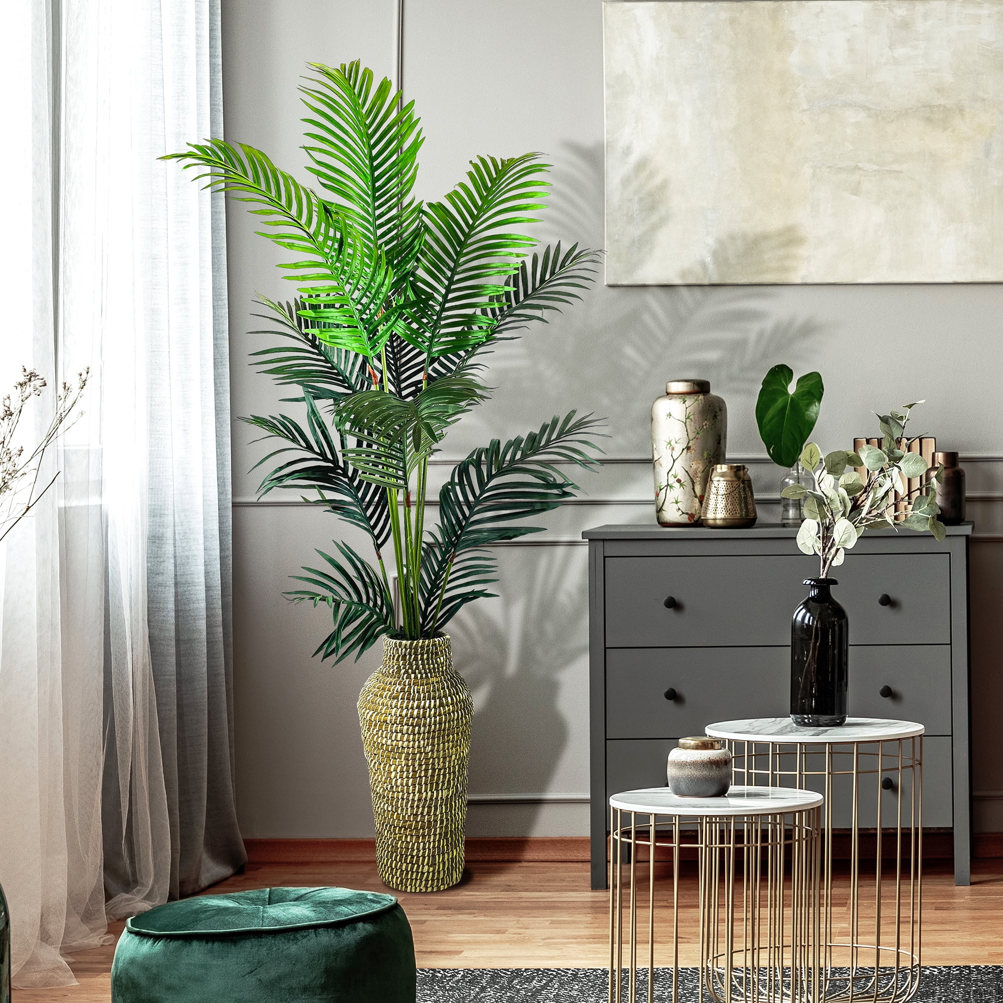 LCG FLORALS Artificial Tree, Palm Tree, 6 ft, Natural Handwoven Basket