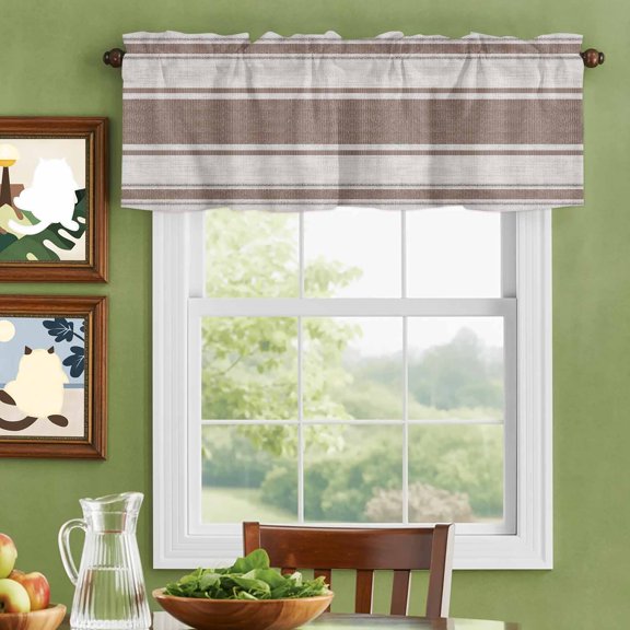 Valances for Windows,Brown Stripes Retro Linen Kitchen Curtain Valance Short Rod Pocket Panels Modern Minimalist Small Window Treatment for Living Room Bedroom Bathroom,42"Wx12"L