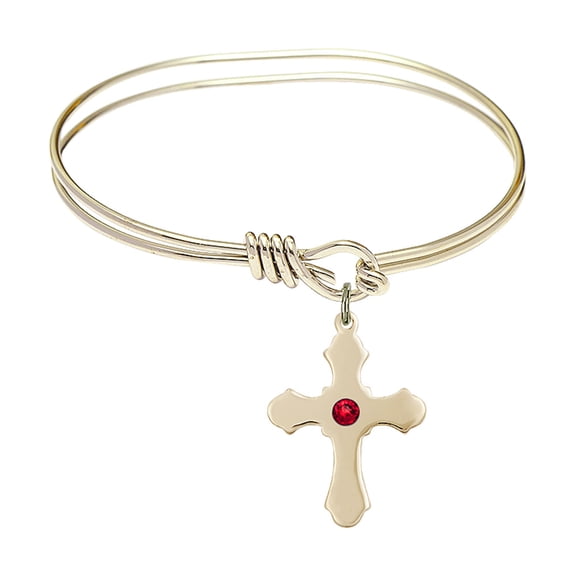5 3/4 inch Oval Eye Hook Bangle Bracelet w/ Cross medal charm w/ July Red Swarovski Crystal