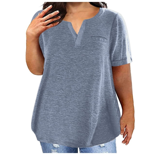 Plus Size Tops for Women Short Sleeve V Neck Shirts Solid Color Basic Tees Loose Summer Pullover Tops Dressy Casual Tee Shirts Trendy Spring Summer Tunic Tops,Plus Size Work Tops for Women Navy,XL