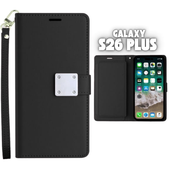 Entronix Foldable Case Compatible with Galaxy S26 Plus, Book Wallet Cover with Cash Card Holder & Lanyard, Black