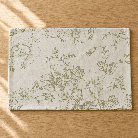 Linen Blend Table Placemats, Green Floral, 13"W x 19"L, Pack of 4