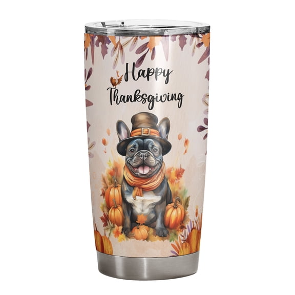 Happy Thanksgiving French Bulldog Welcome Thankful Fall Autumn Pumpkin 20oz Stainless Steel Tumbler Insulated Cup with Lid Dog Lover Gifts - 02021