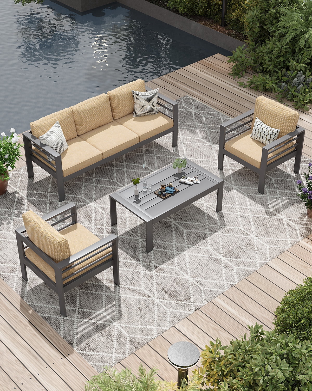 AECOJOY Aluminum Patio Furniture Sets,4 Pieces Outdoor Metal Conversation Sectional Sofa with Coffee Table, Beige