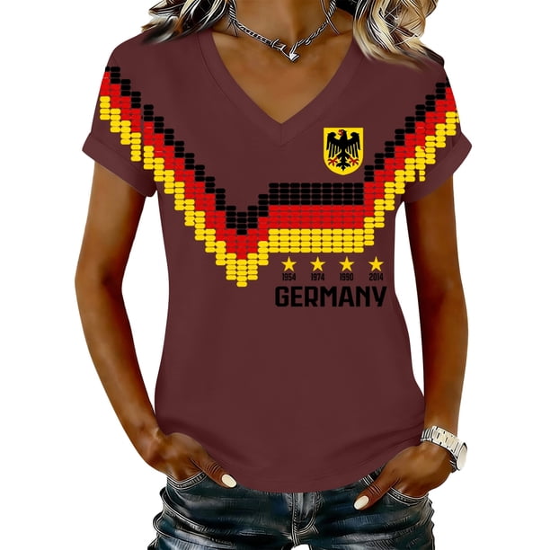 Women's Germany Football Graphic T-Shirt, V-Neck Casual Letter Print T-Shirt, Fashion Short Sleeve Graphic Tee, Summer Daily Lightweight Tops for Soccer Tournament 2026 Wine Size: M