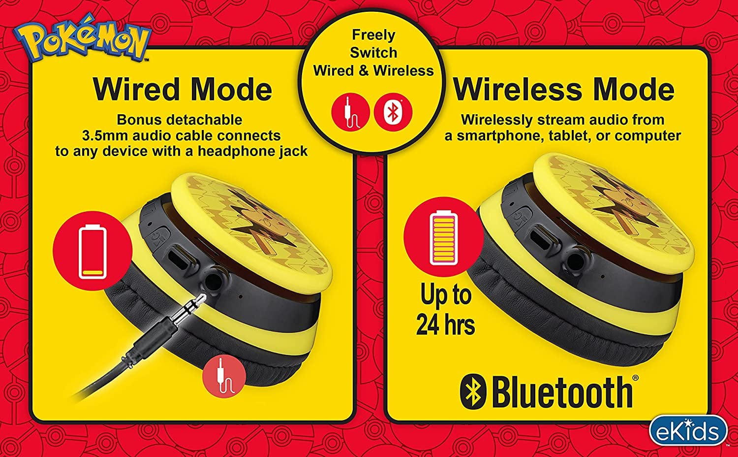 eKids Pokemon Bluetooth Headphones for Kids, Pikachu Wireless Headphones for Kids