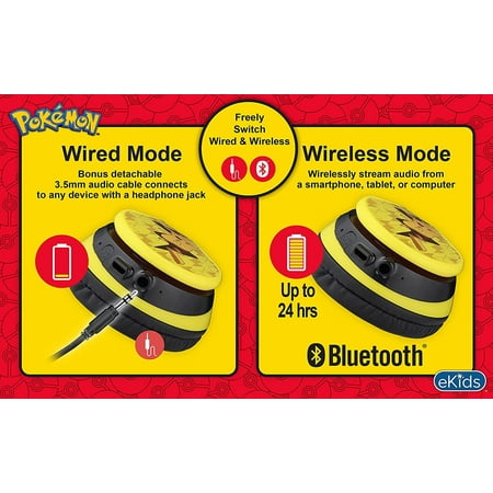 eKids Pokemon Pikachu Wireless Over the Ear Headphones - yellow