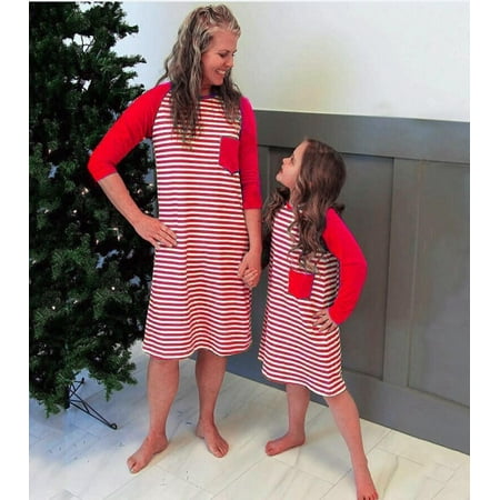 

Pudcoco Mommy and Me Matching Pajama Dress Long Sleeve Round Neck Striped Printed Dress Over Knee Family Sleepwear Clothes