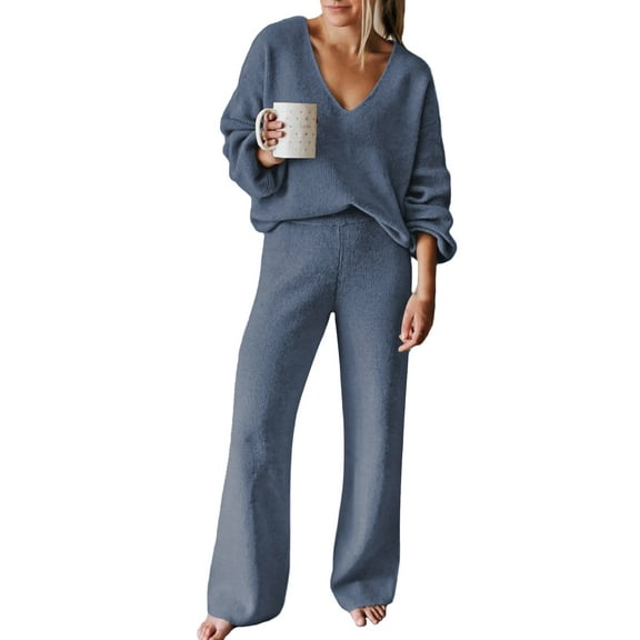 Pink Queen Women's 2 Piece Outfits Casual V Neck Knit Wide Leg Sweater Lounge Set Sweatsuit