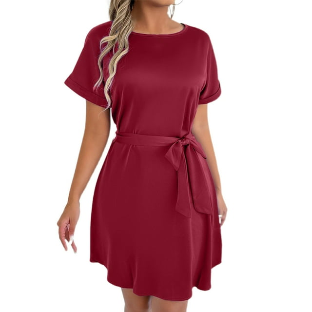 Robe Décontractée Grande Taille pour Femmes à Manches Courtes avec Ceinture Nœud Col Rond Fluide Confortable pour Fête Vacances Printemps Automne Usage Quotidien