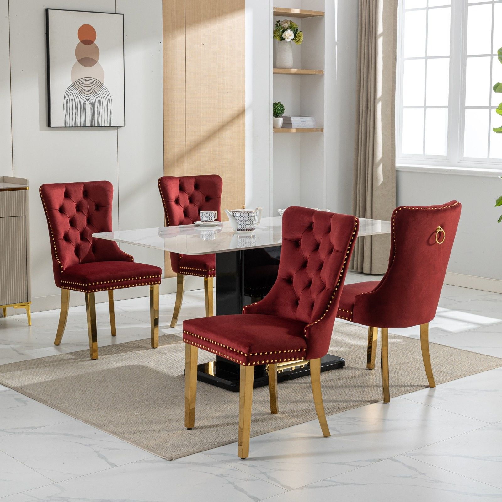 Dining Room Chairs with Velvet Fabric Dining Chairs with Golden Stainless Steel Plating Legs, Backrest and Button Velvet Fabric DesignLuxury Home Furniture for Dining Room(Burgundy Set of 4)