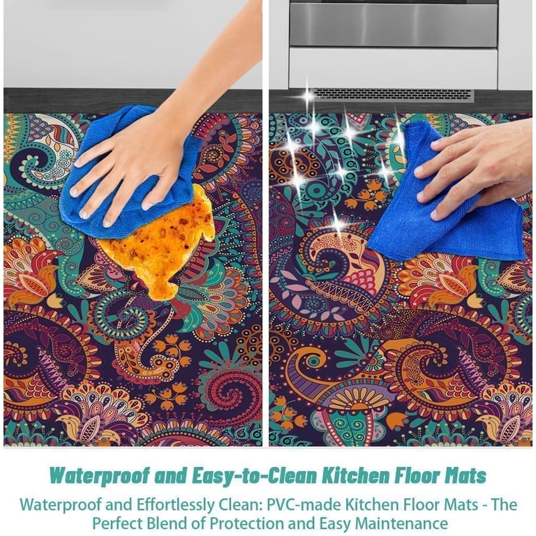 2-Piece Anti-Fatigue Kitchen Mat Set - Boho Floral, Non-Slip, Waterproof, Dark Green (17.3"x47" & 17.3"x29")