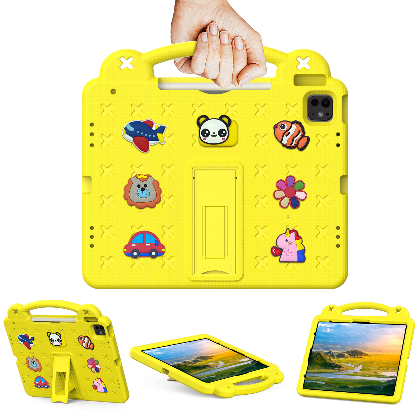 Nalacover Cartoon Handle Case for Apple iPad Air 11 inch 2024 Case, EVA Foam Cute Pattern with Pencil Holder Kickstand Cute Shockproof PC Case for iPad Pro 11 inch 2024, Yellow