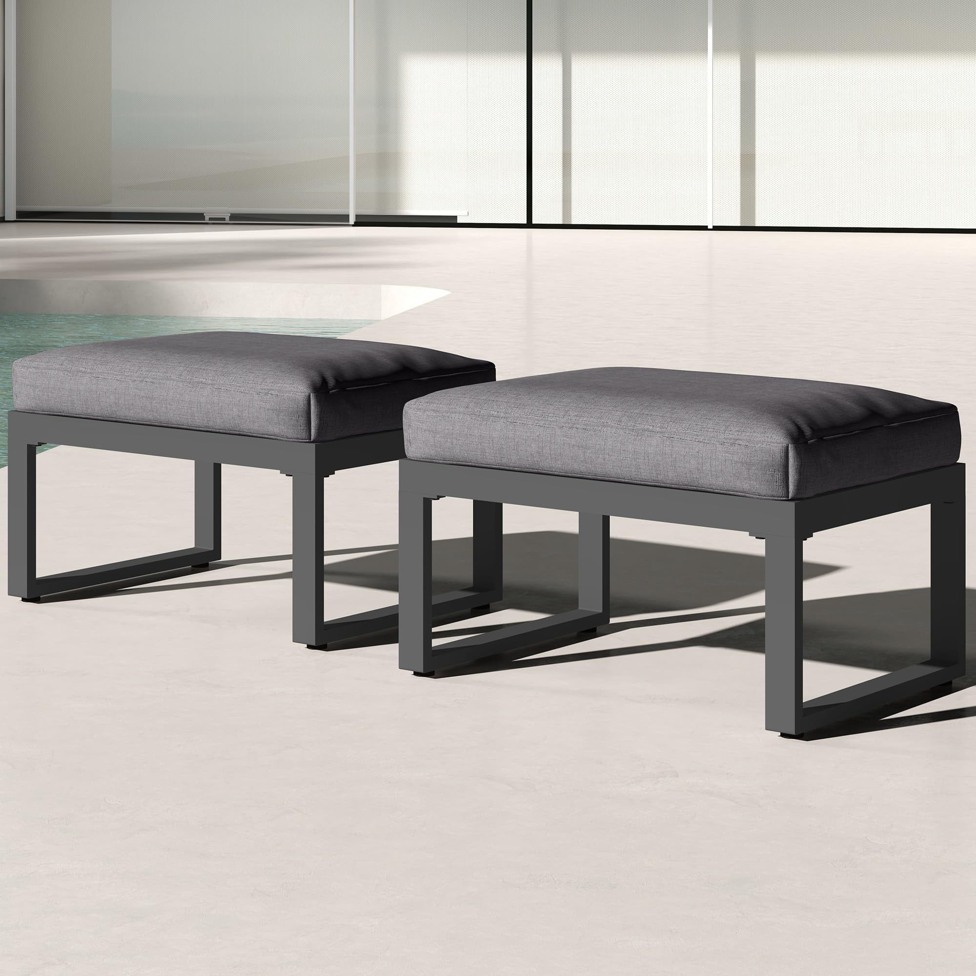 Heynemo 2 Pieces Aluminum Outdoor Patio Ottoman Set, Outdoor Foot Stools with Thick Cushion, Small Seat Furniture for Porch Balcony Backyard, Grey