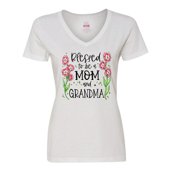 Inktastic Blessed to Be a Mom and Grandma Pink Flowers Women's V-Neck T-Shirt