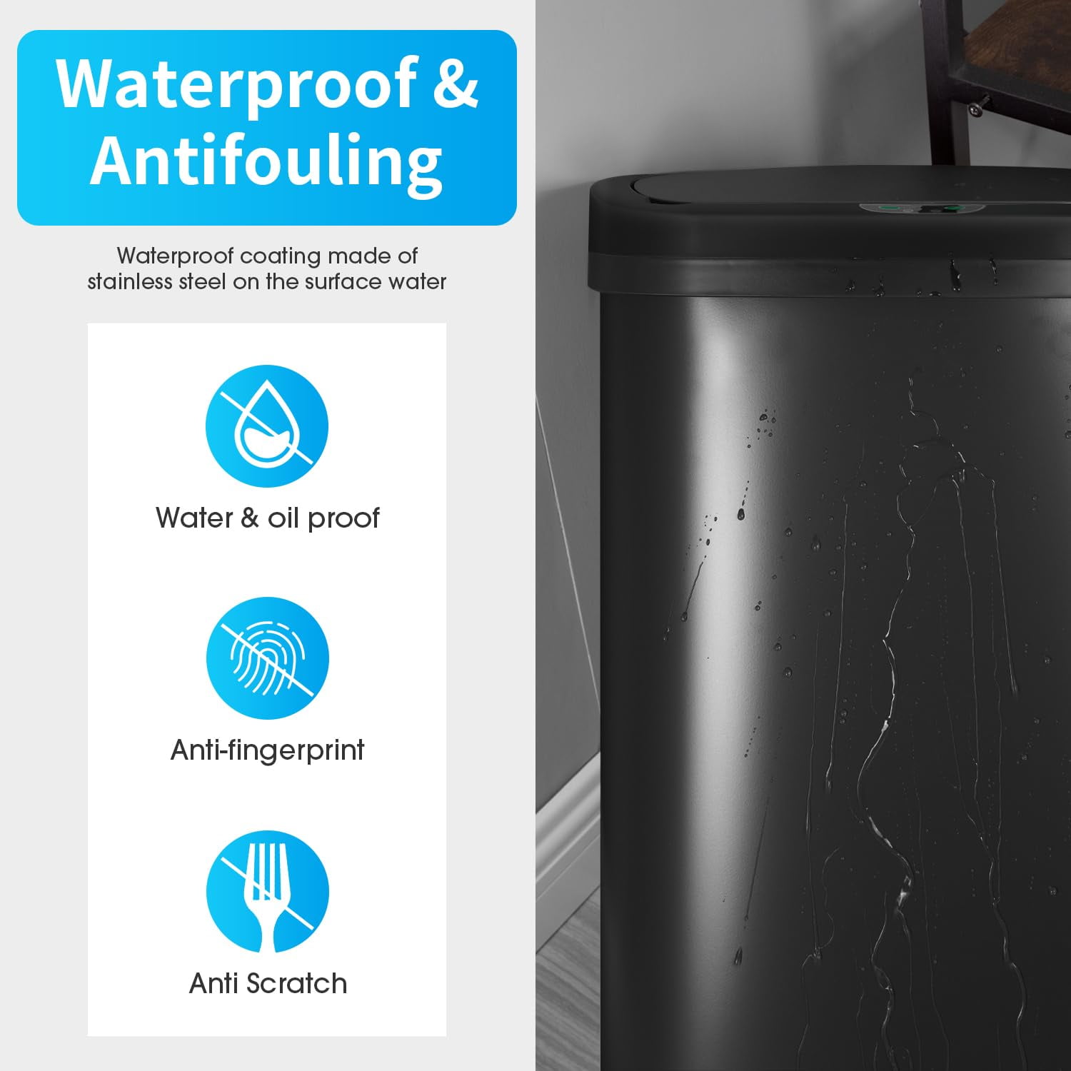 Kitchen Trash Can with Lid, 13 Gallon Automatic Garbage Can for Bathroom Bedroom Home Office, Black