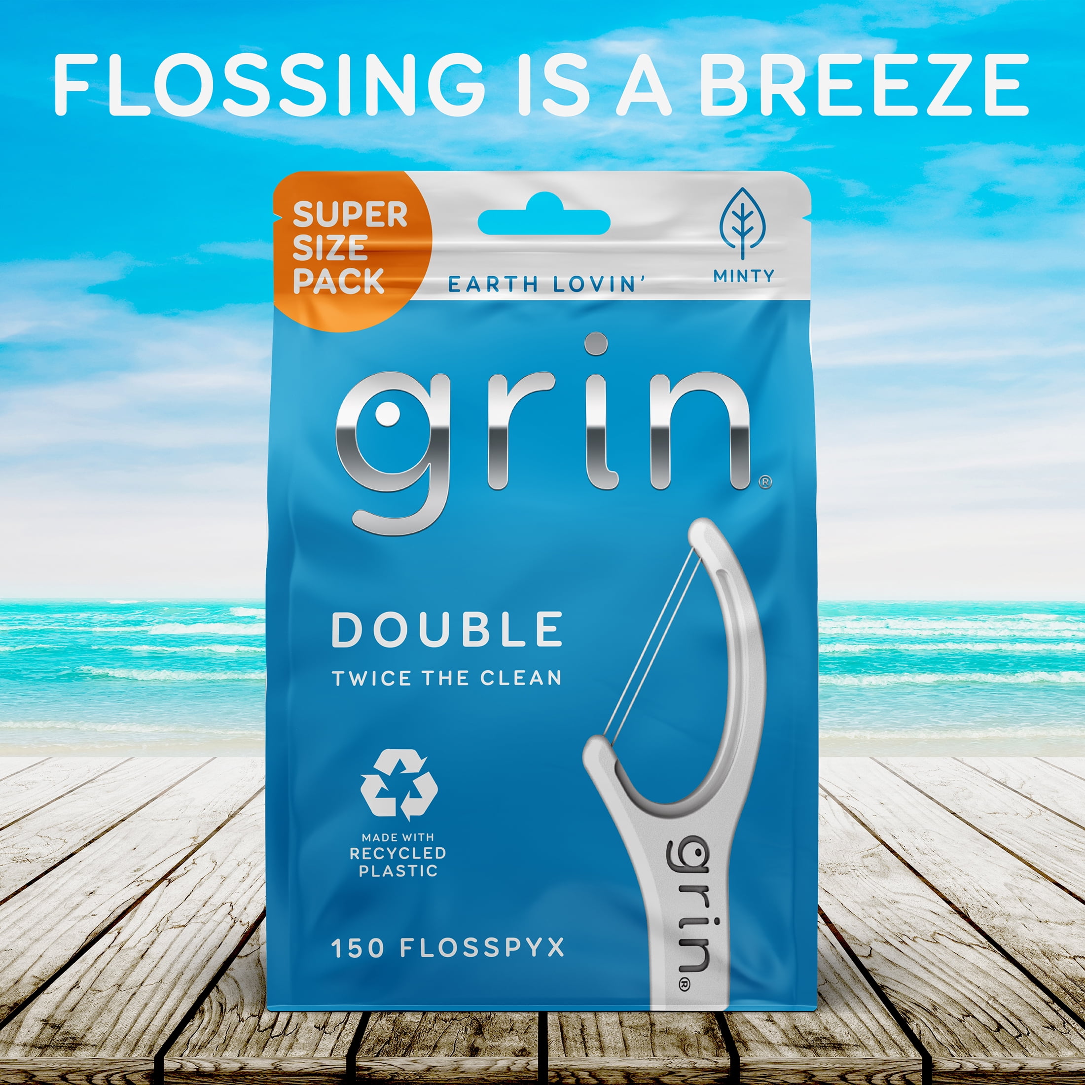(2 pack) Grin Double Flosspyx Floss Picks, Mint Flavor, 150 Count, Recycled Plastic, 2-Line Floss