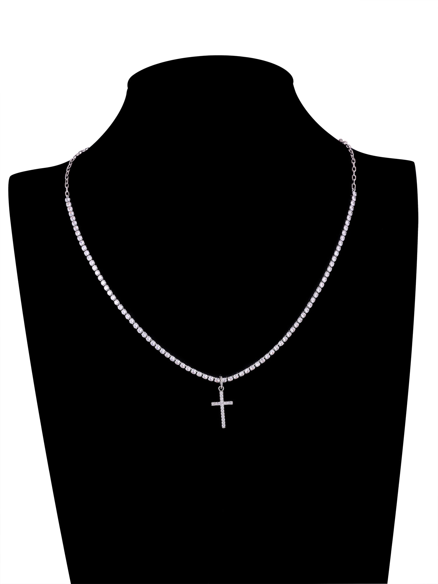 Believe by Brilliance Women's Cubic Zirconia Cross Tennis Necklace Set in Fine Silver Plated Brass
