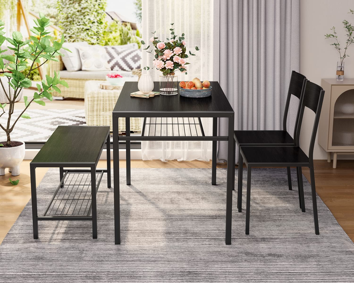Dining Table Set for 4, Lofka Wooden Kitchen Table Set with Bench and 2 Chairs for Small Space | Dining Room, Black