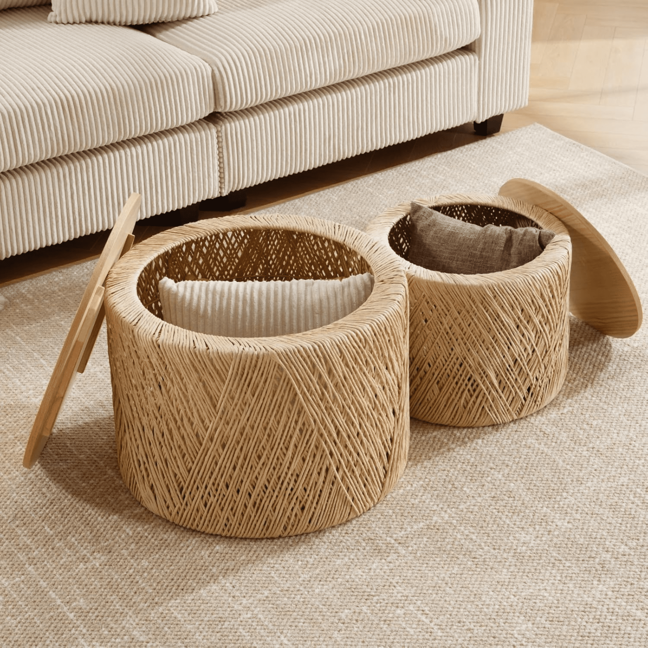 Guyou Nesting Tables Round Natural Wood Drum Coffee Tables with Storage for Living Room Bedroom Small Space, No Assembly Required, Log(Set of 2)