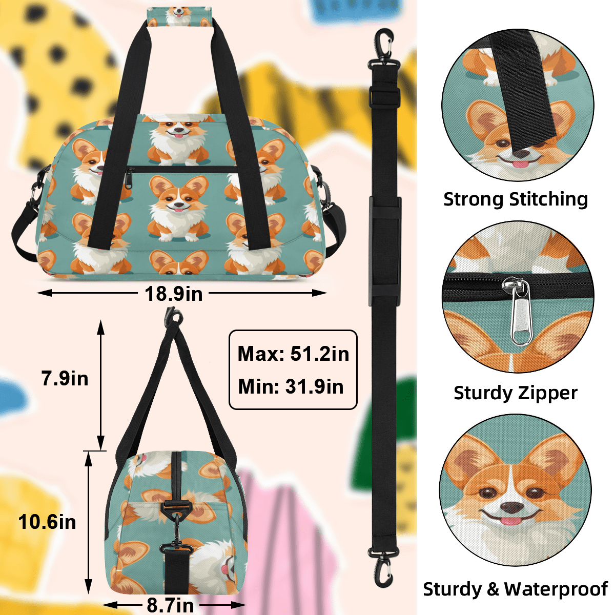 Herdesigns Dog Sports Duffle Bag for Women & Men, Puppy Dog Gym Bag Dance Bag Overnight Bag Carry On Weekender Travel Bag