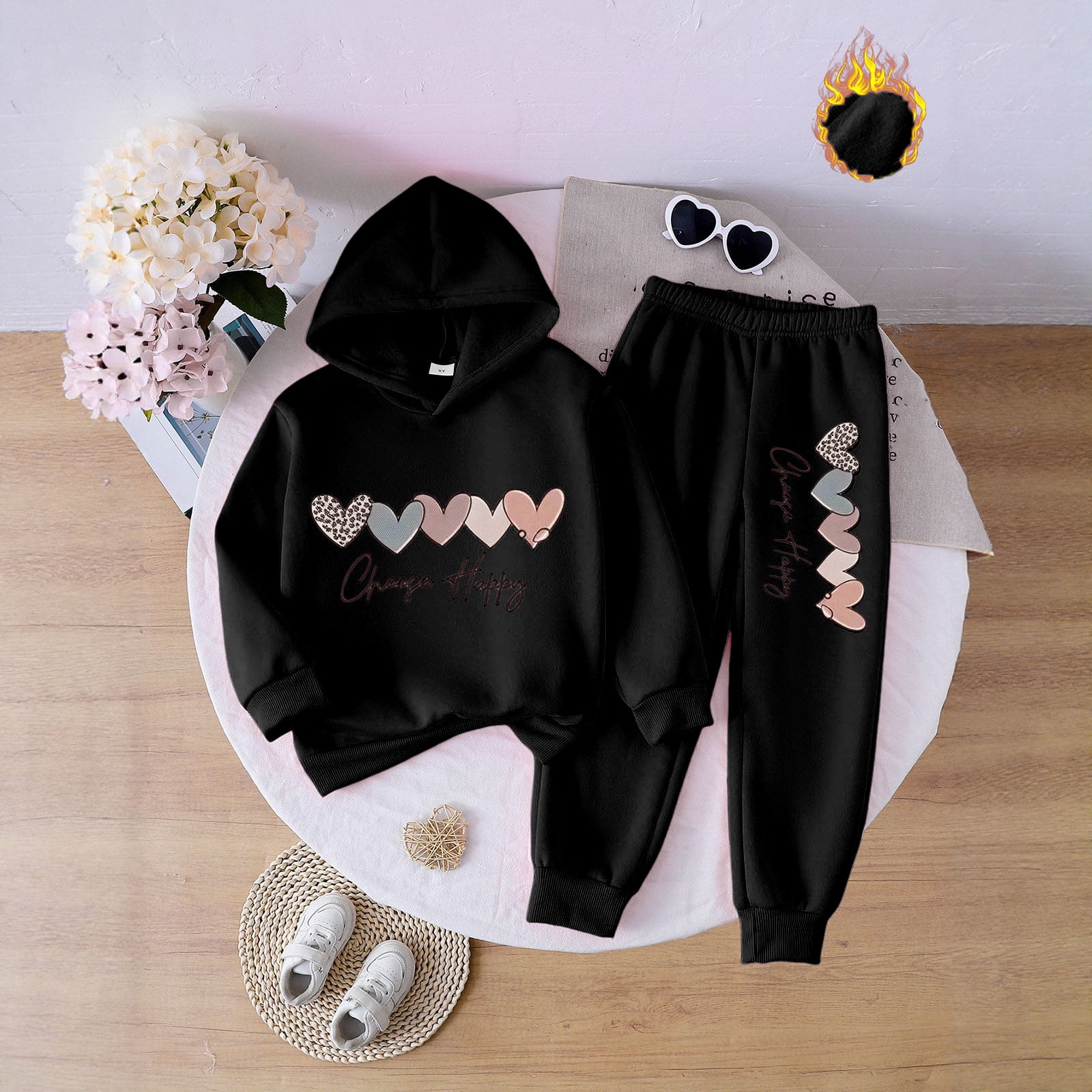 Zshosam Outfit for Girls Girls' Active Sweatsuit - 2 Piece Fleece Pullover Hoodie and Sweatpants - Jogger Pants Set Size 4T 5T,(Black 4-5 Years)