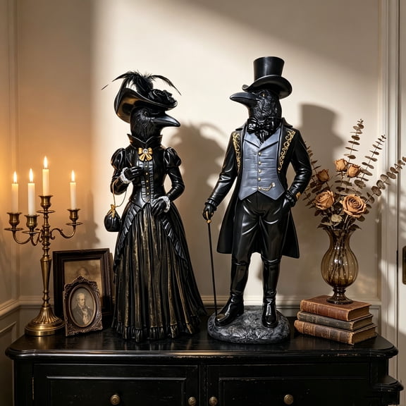 Gothic Raven Figurine Set, Victorian Raven Couple Statue, Elegant Gentleman and Lady Resin Decor, Dark Academia Tabletop Ornament for Halloween Mantel Shelf Vintage Home Display