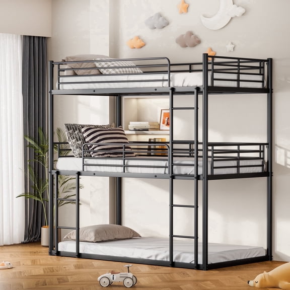 JIAXIA 1500LBS Triple Bunk Bed, Bunk Bed Twin Over Twin Over Twin, Triple Bunk with 2 Ladders, Metal Bed Frame with Guardrails for Bedroom, No Box Spring Needed, Black