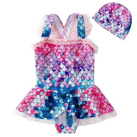 Girls Mermaid Swimsuits Bathing Suit With Cap One Piece Ruffle Beach Swimwear
