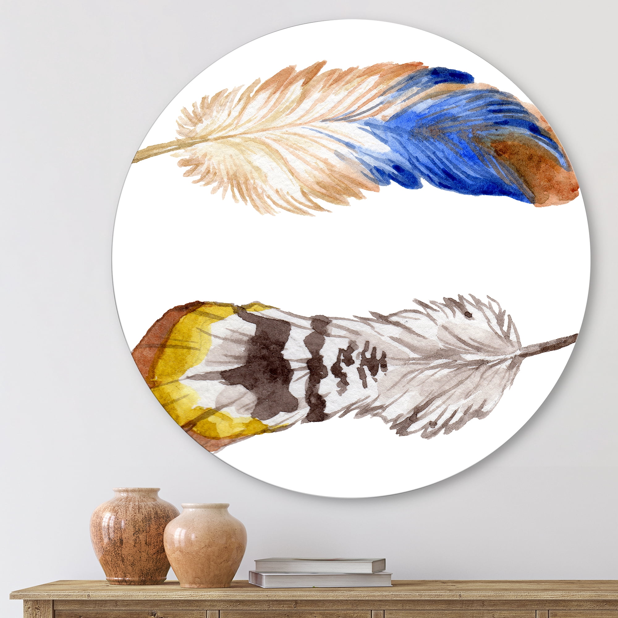 Designart 'Colourful Boho Art Feather Set III' Bohemian & Eclectic Circle Metal Wall Art 11x11 - Disc of 11