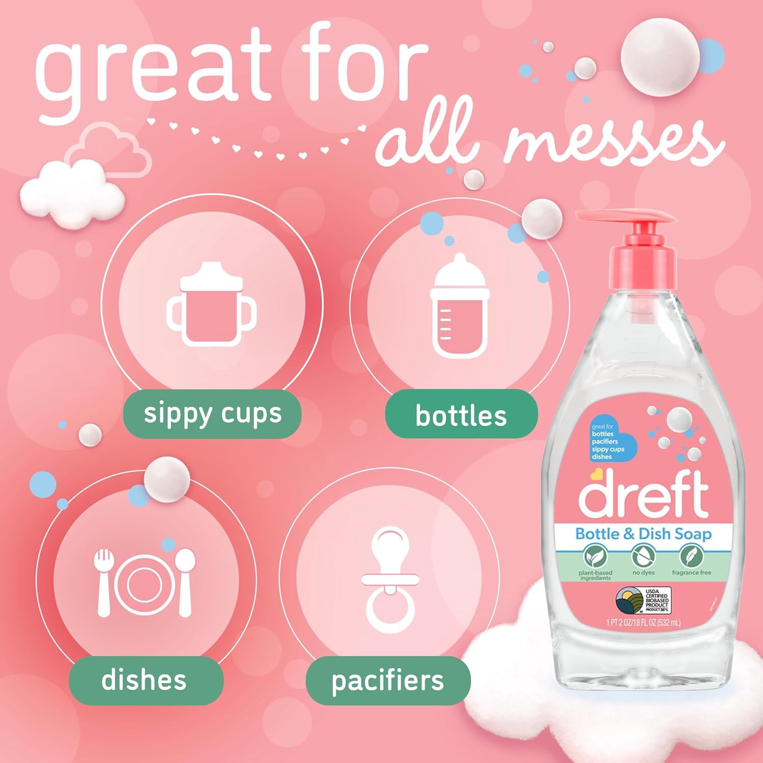 Bottle and Dish Soap | Made to Clean Baby Bottles, Sippy Cups, Pacifiers, Breast Pumps, & More | Gently Removes Milk Film & Odors | Plant Based, Fragrance Free Dish Soap | 18 Fl Oz (Pack of 3)