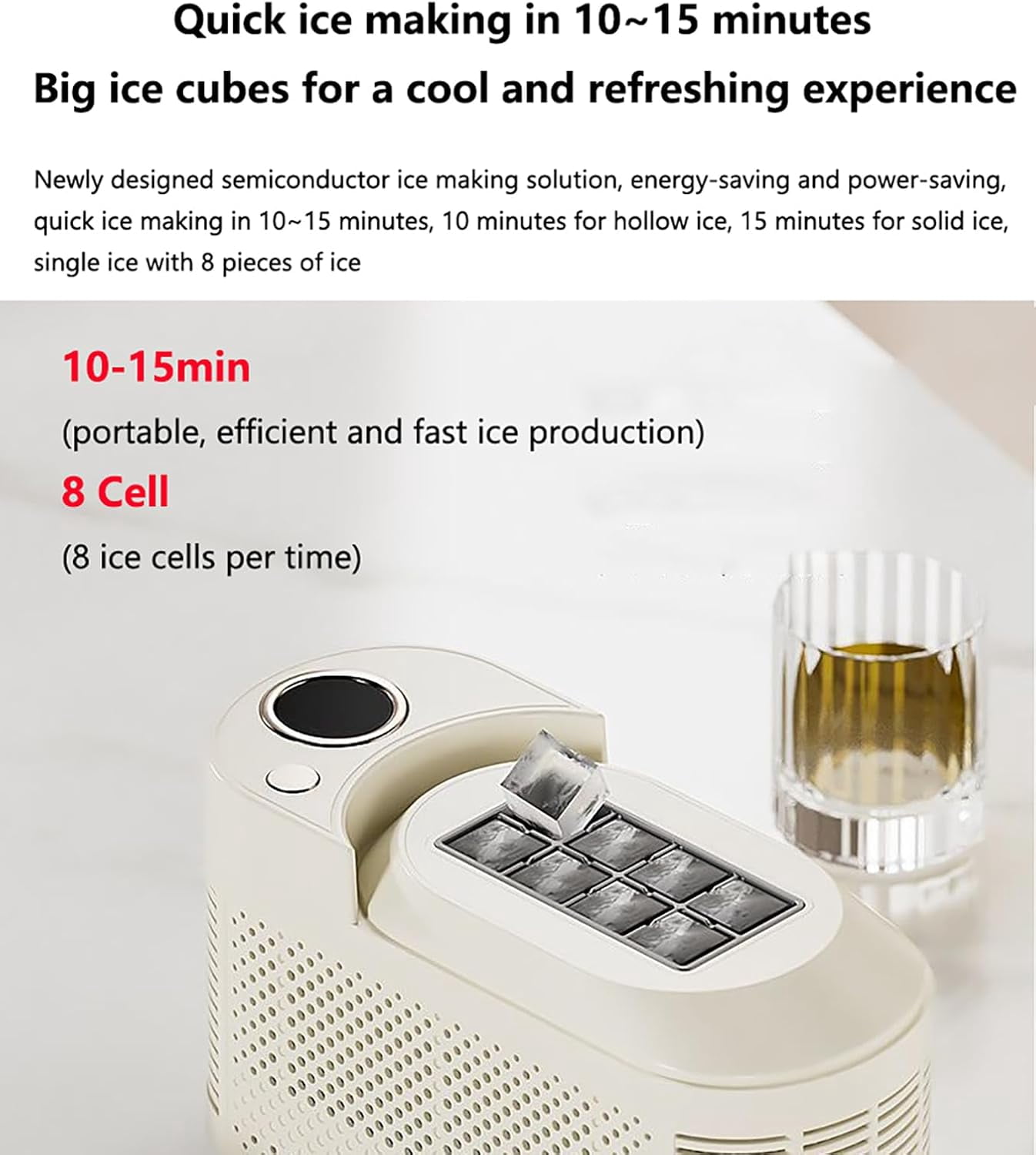 Mini Ice Maker Countertop, Portable Compact Ice Machine, 8 Ice Cubes in 10 Mins, Small Nugget Ice Maker with Car Adapter, Quiet Bullet Ice Maker, for Home, Kitchen, Office, Camping