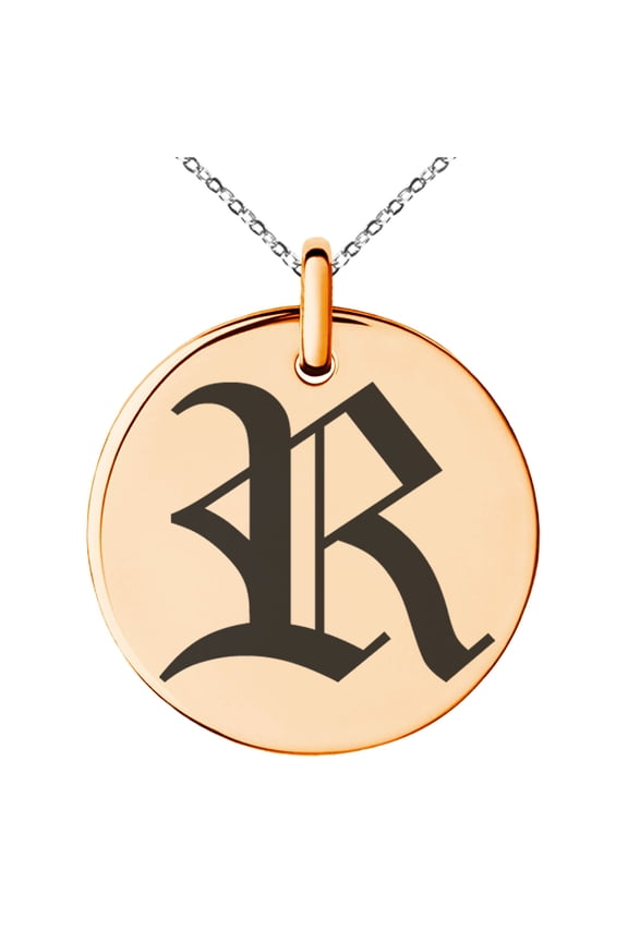 Stainless Steel Letter R Initial Old English Monogram Engraved Small Medallion Circle Charm Pendant Necklace