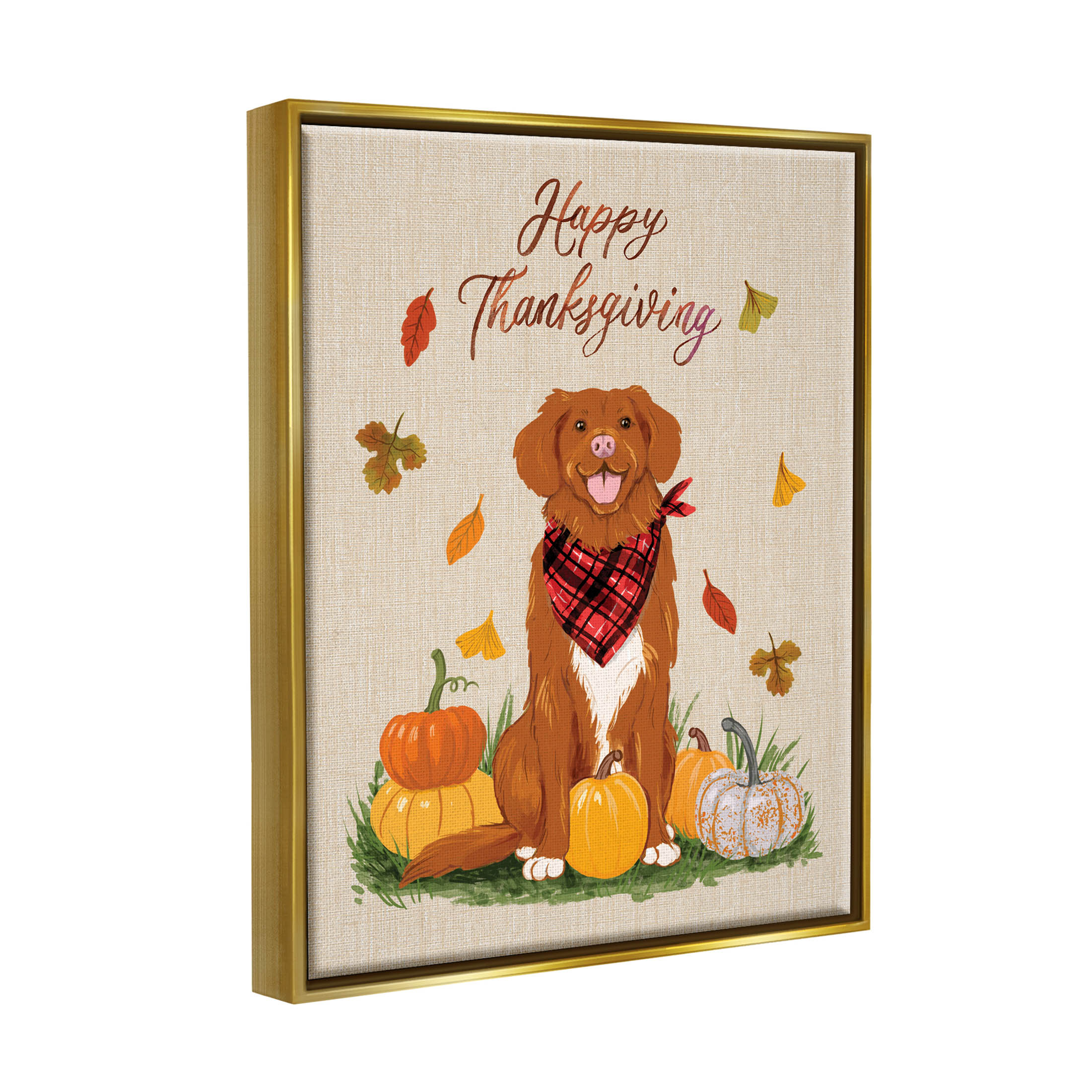 Happy Thanksgiving Pumpkins Dog Holiday Graphic Art Metallic Gold Framed Art Print Wall Art