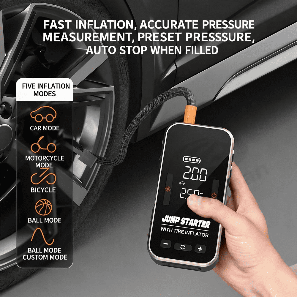 Jump Starter with Air Compressor, 8000mAh Battery Jump Starter (for All Gas or Up to 10L Diesel), 150PSI Digital Tire Inflator with Emergency Light