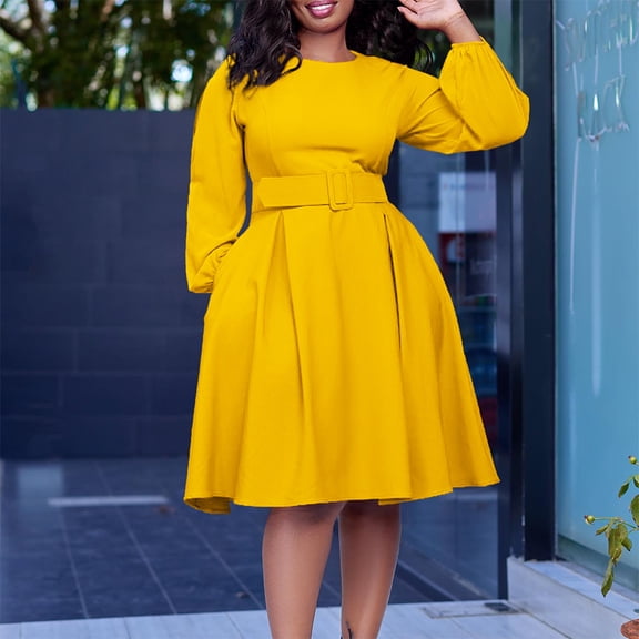 AURA Plus Size Belted Swing Midi Dress Long Sleeve Crewneck High Waist Large Skirt Elegant Fall Winter Dress with Zipper
